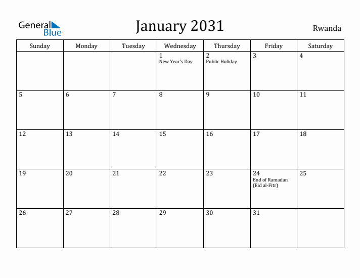 January 2031 Calendar Rwanda