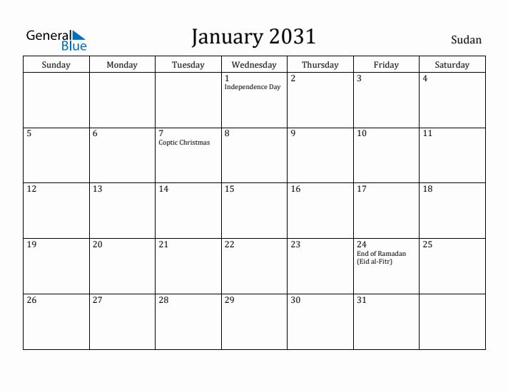 January 2031 Calendar Sudan