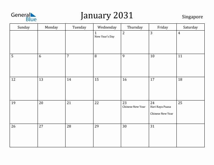 January 2031 Calendar Singapore