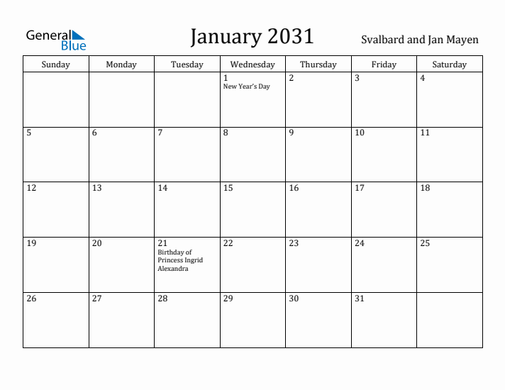 January 2031 Calendar Svalbard and Jan Mayen
