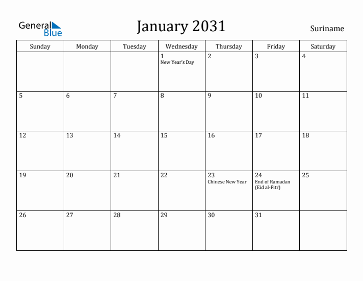 January 2031 Calendar Suriname