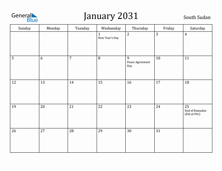 January 2031 Calendar South Sudan