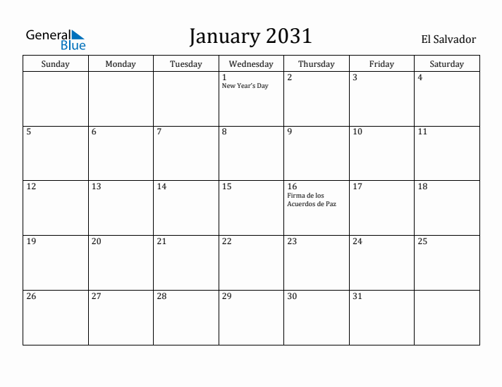 January 2031 Calendar El Salvador
