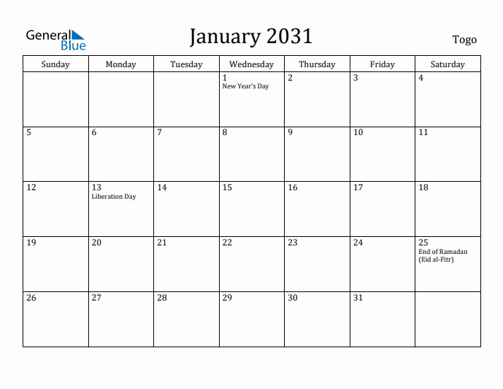 January 2031 Calendar Togo