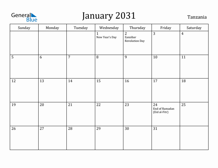 January 2031 Calendar Tanzania