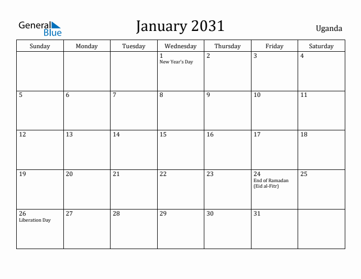 January 2031 Calendar Uganda