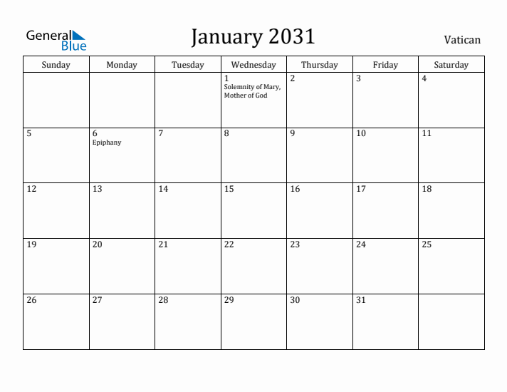 January 2031 Calendar Vatican