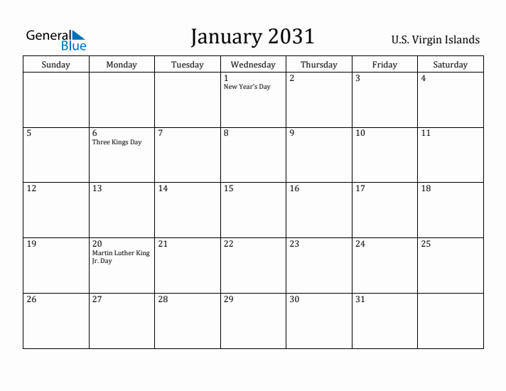 January 2031 Calendar U.S. Virgin Islands