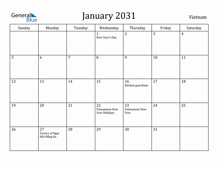 January 2031 Calendar Vietnam
