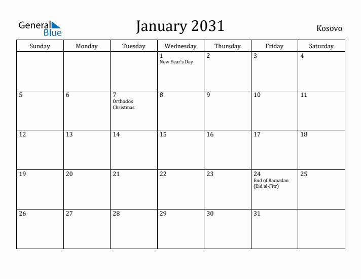 January 2031 Calendar Kosovo
