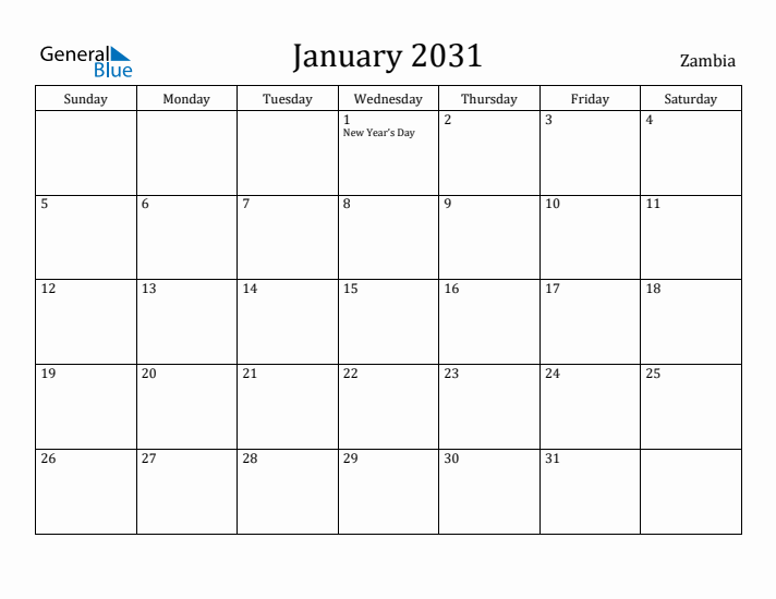 January 2031 Calendar Zambia