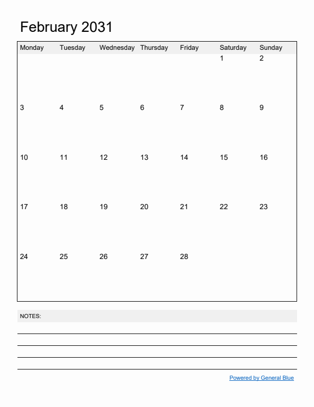 Basic Monthly Calendar Template for February 2031