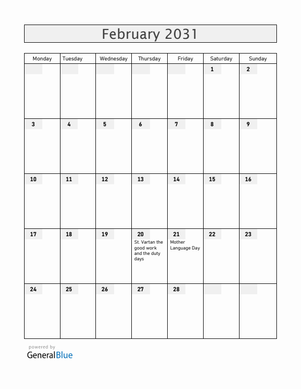 Armenia February 2031 Calendar with Holidays