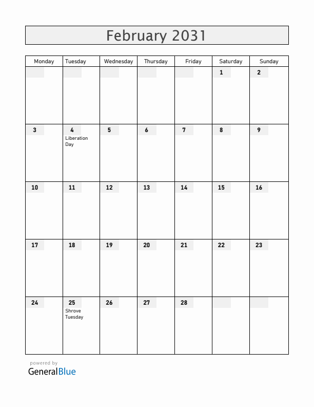 Angola February 2031 Calendar with Holidays