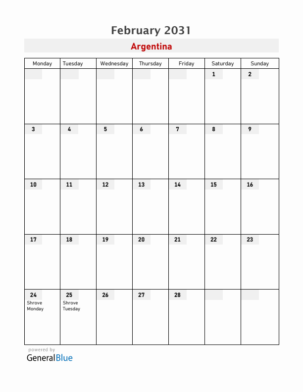 Argentina February 2031 Calendar with Holidays