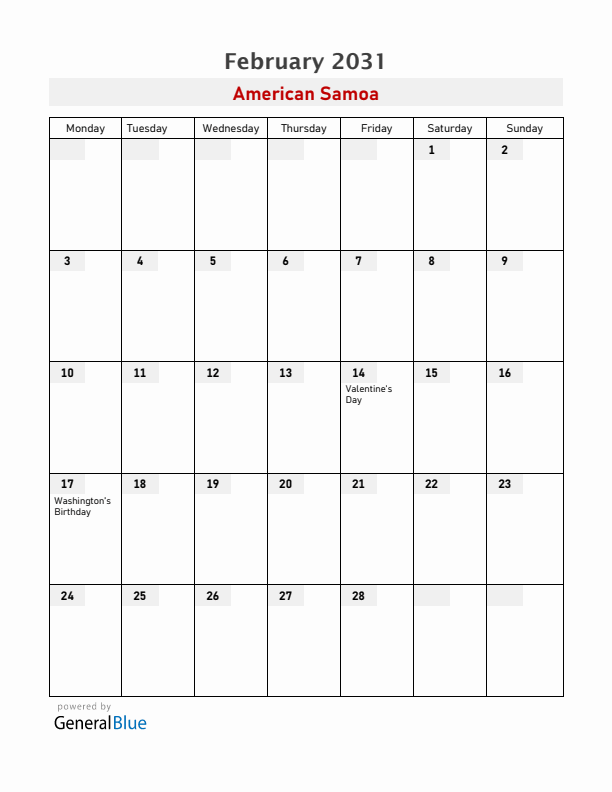 American Samoa February 2031 Calendar with Holidays