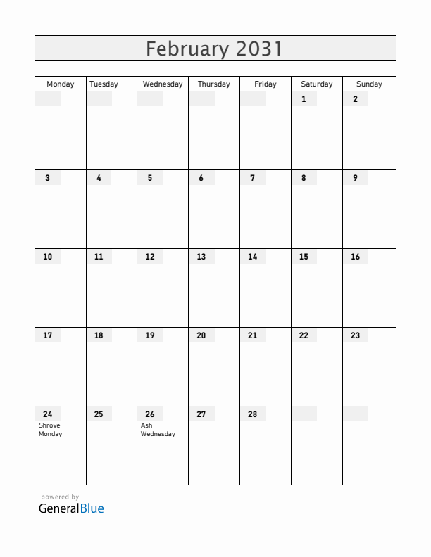 Saint Barthelemy February 2031 Calendar with Holidays