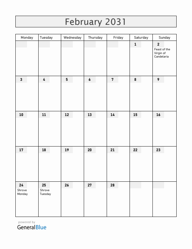 Bolivia February 2031 Calendar with Holidays