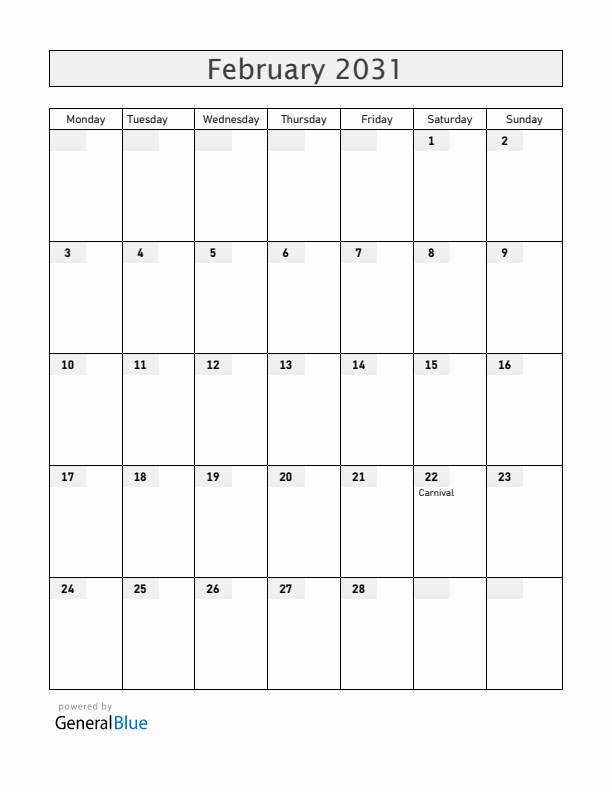 Brazil February 2031 Calendar with Holidays