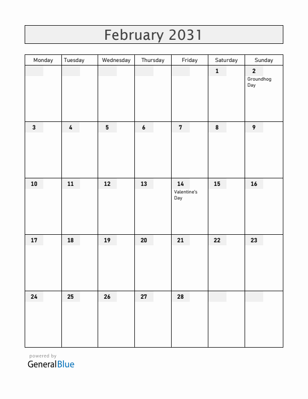 Canada February 2031 Calendar with Holidays