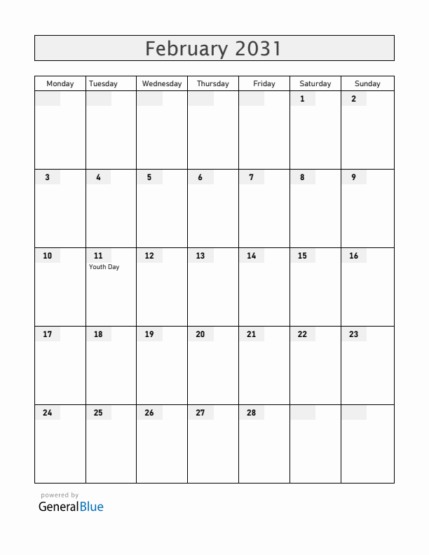 Cameroon February 2031 Calendar with Holidays