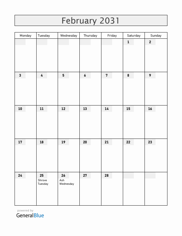 Cabo Verde February 2031 Calendar with Holidays