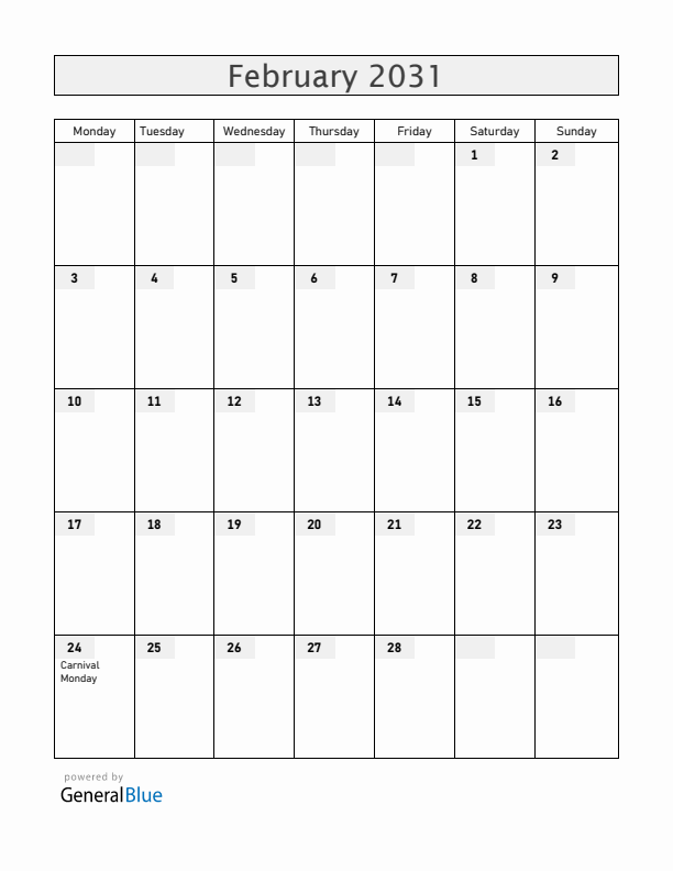 Curacao February 2031 Calendar with Holidays