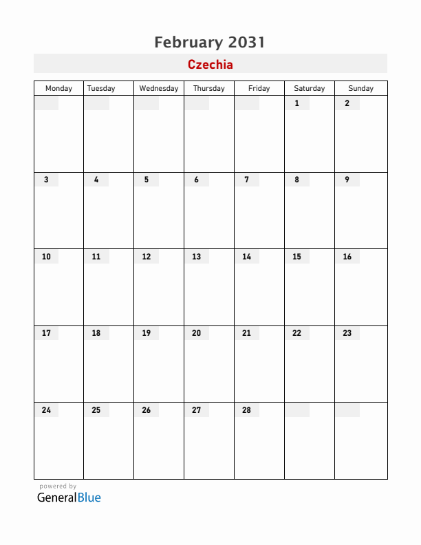 Czechia February 2031 Calendar with Holidays