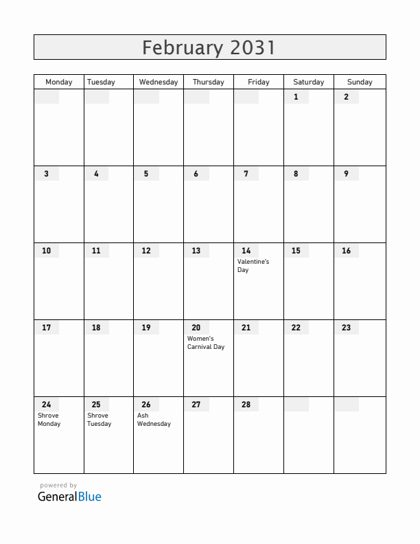 Germany February 2031 Calendar with Holidays