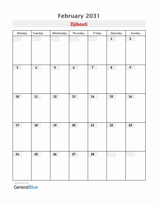 Djibouti February 2031 Calendar with Holidays