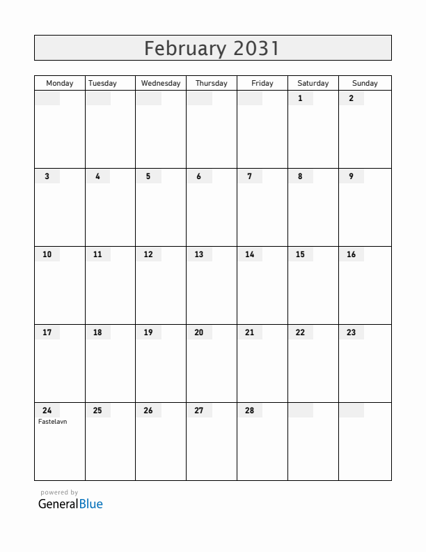 Denmark February 2031 Calendar with Holidays