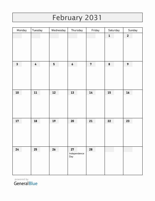 Dominican Republic February 2031 Calendar with Holidays