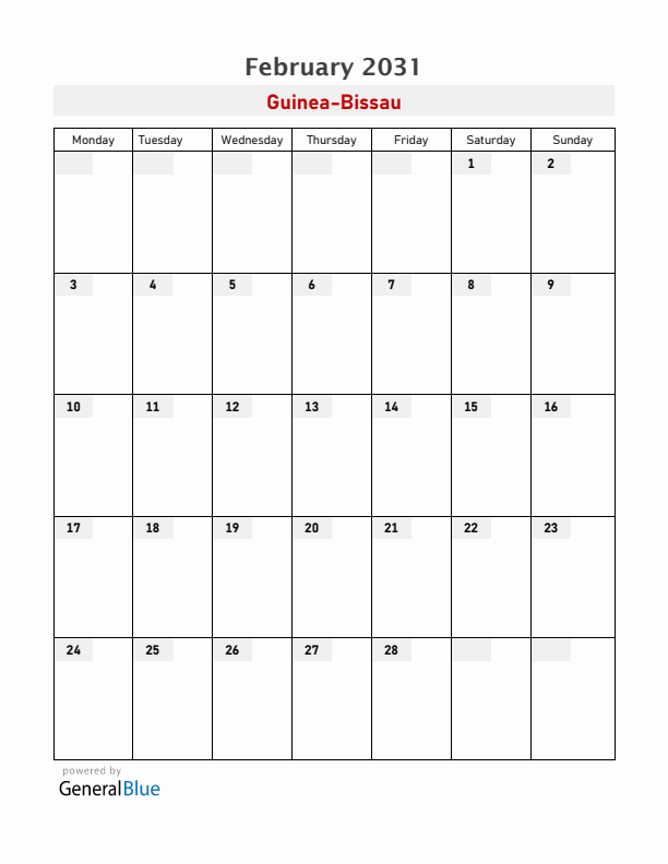 Guinea-Bissau February 2031 Calendar with Holidays