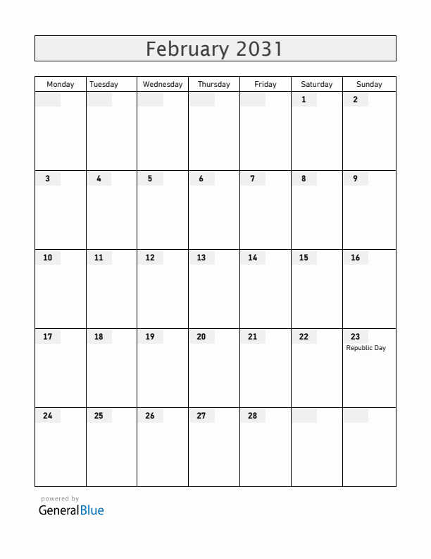 Guyana February 2031 Calendar with Holidays