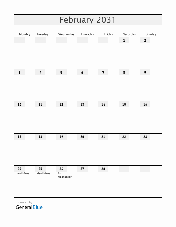 Haiti February 2031 Calendar with Holidays
