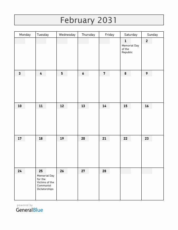 Hungary February 2031 Calendar with Holidays