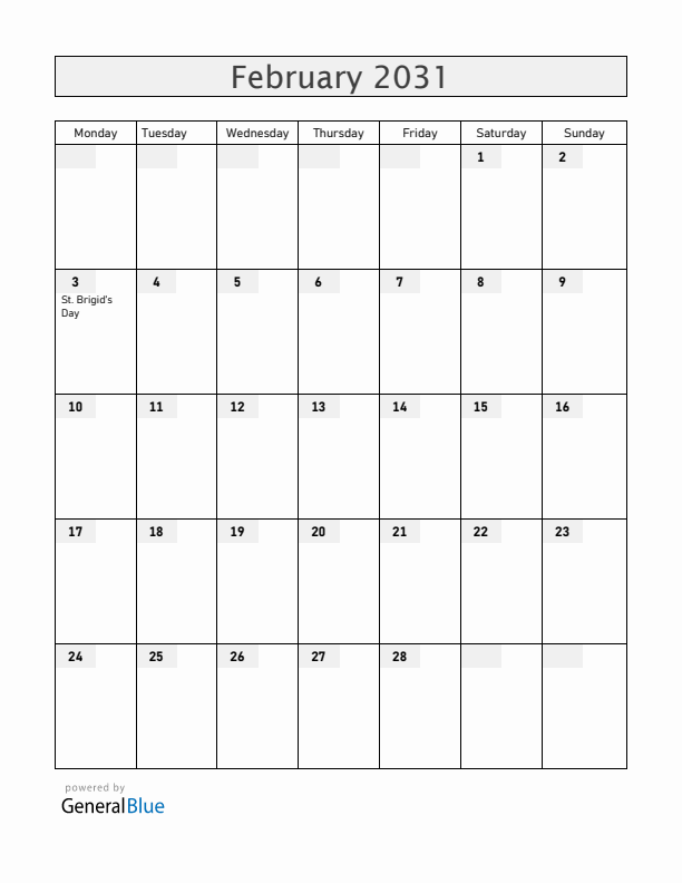 Ireland February 2031 Calendar with Holidays