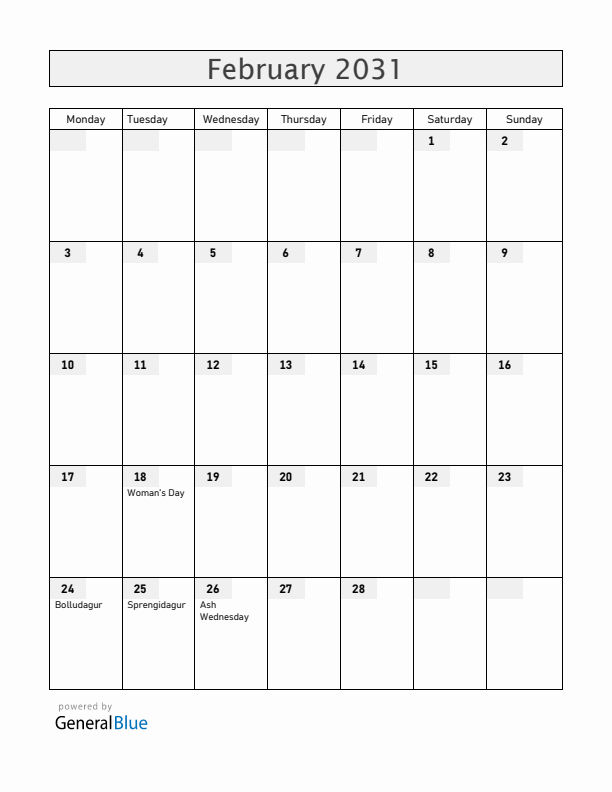 Iceland February 2031 Calendar with Holidays
