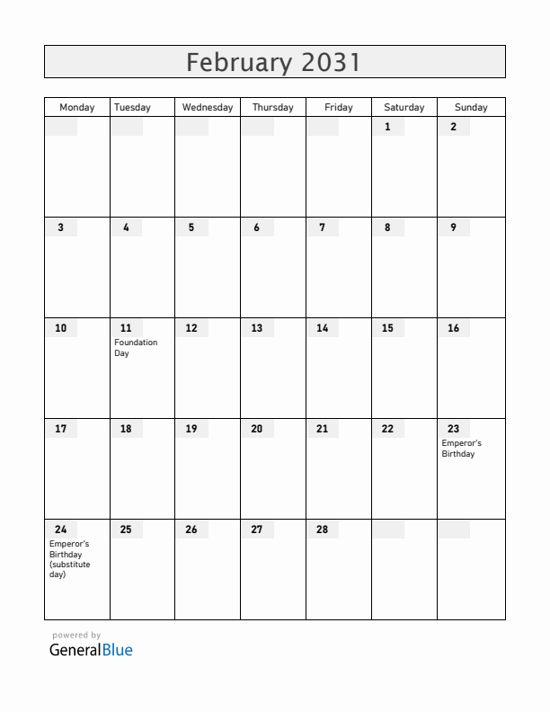 Japan February 2031 Calendar with Holidays
