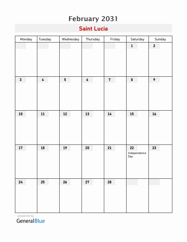 Saint Lucia February 2031 Calendar with Holidays