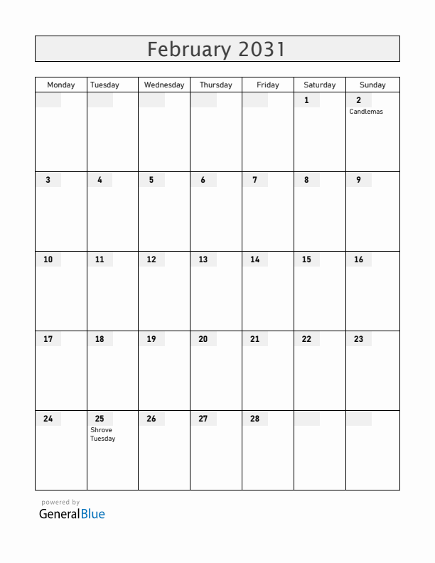 Liechtenstein February 2031 Calendar with Holidays