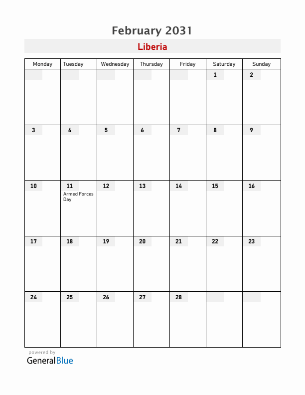 Liberia February 2031 Calendar with Holidays