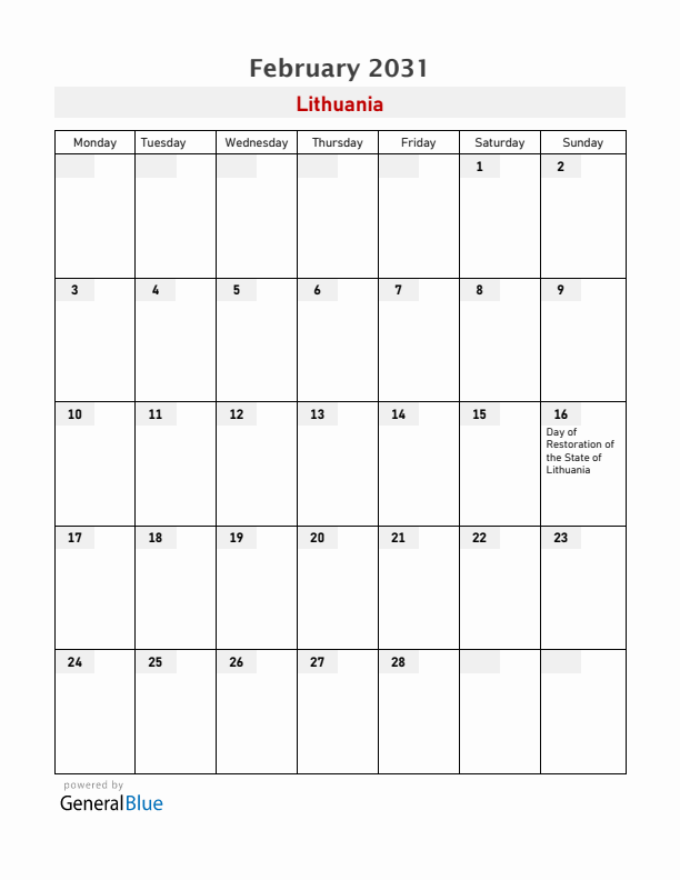 Lithuania February 2031 Calendar with Holidays