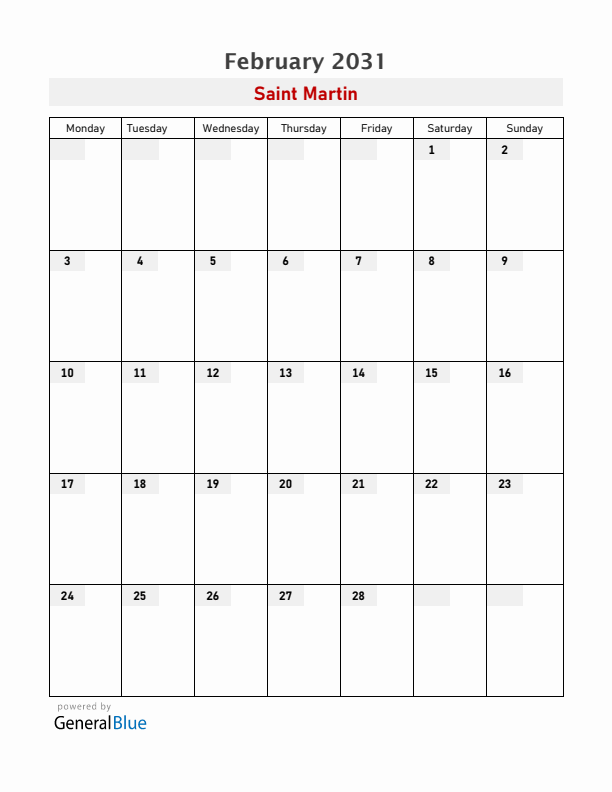 Saint Martin February 2031 Calendar with Holidays