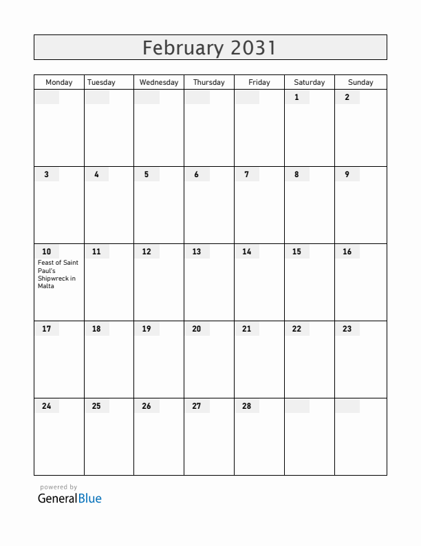 Malta February 2031 Calendar with Holidays