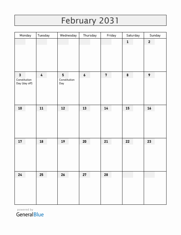 Mexico February 2031 Calendar with Holidays
