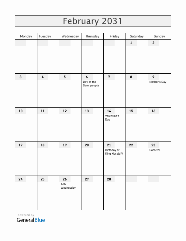 Norway February 2031 Calendar with Holidays