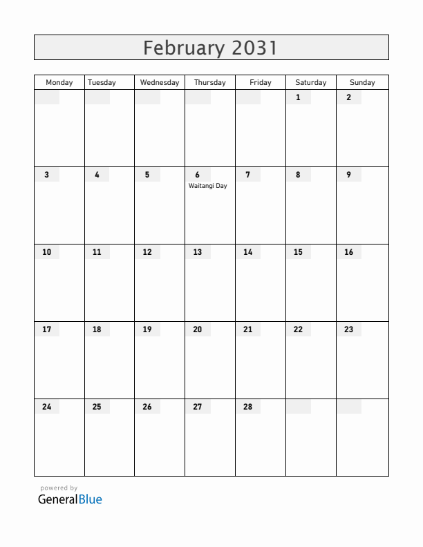 New Zealand February 2031 Calendar with Holidays