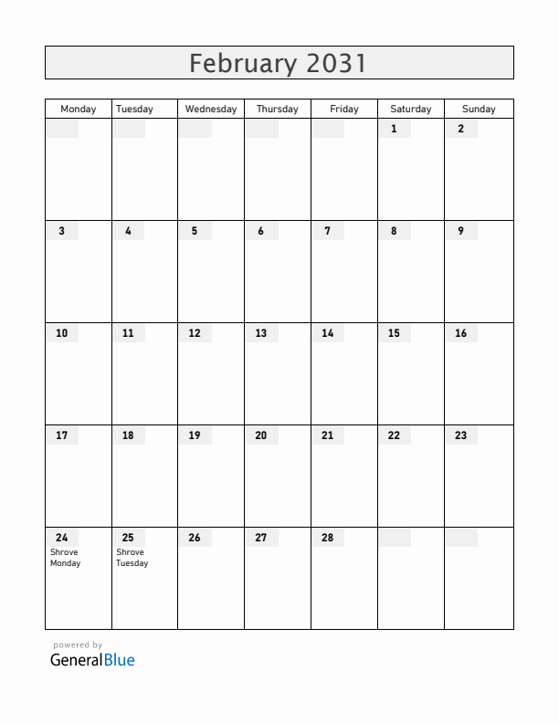 Panama February 2031 Calendar with Holidays