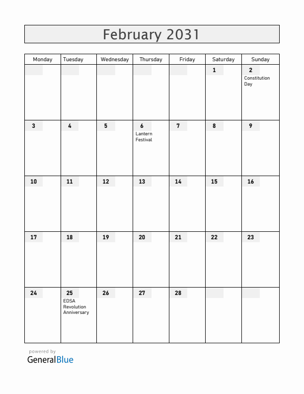 Philippines February 2031 Calendar with Holidays